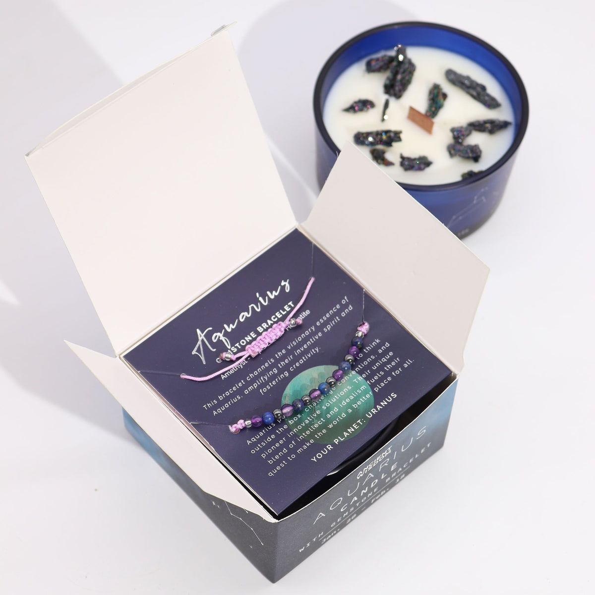 Written in the Stars – Aquarius · Zodiac Candle & Gemstone Bracelet – packaging
