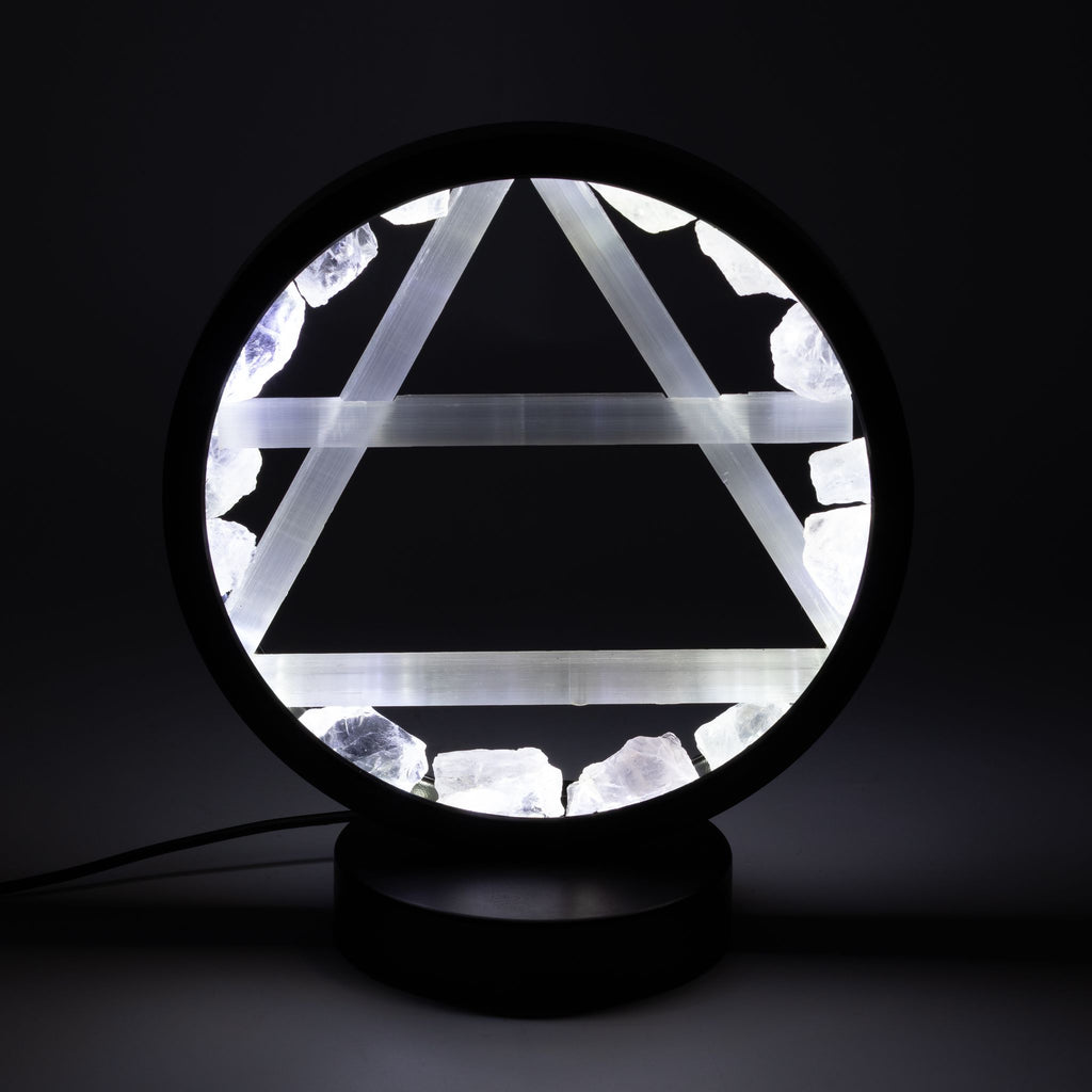 Gemstone Halo Lamp – Air · Clear Quartz & Selenite – styled view