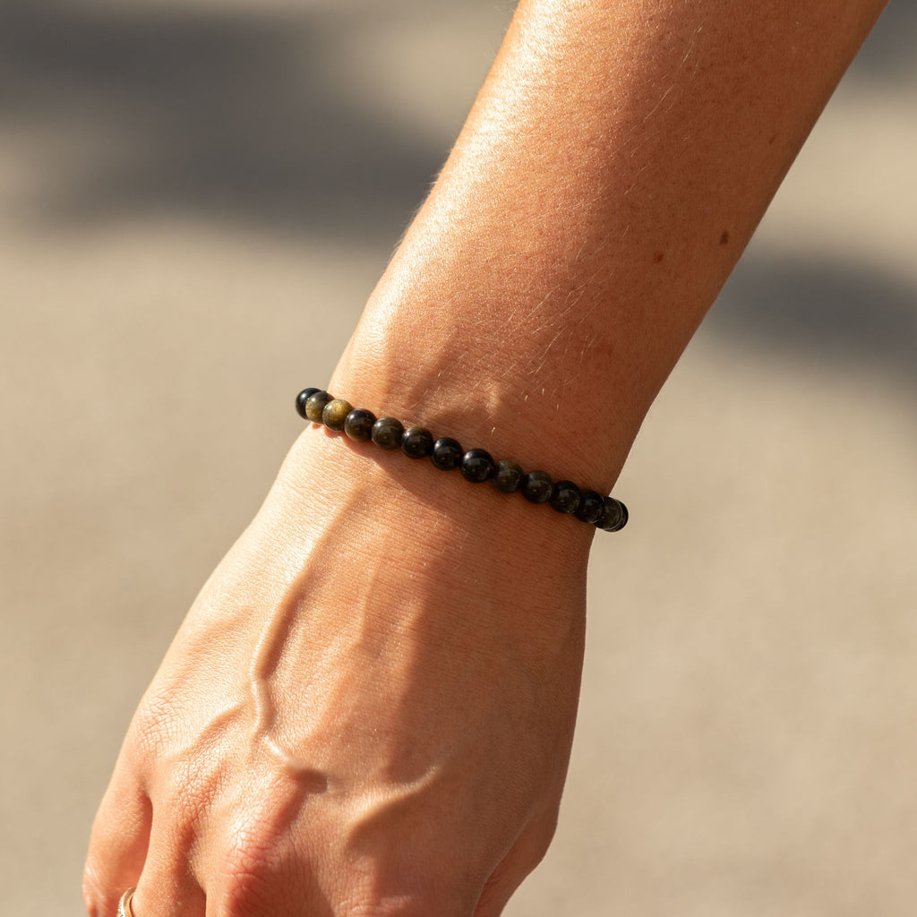 Petite Gemstone Bracelet – Gold Obsidian – styled view