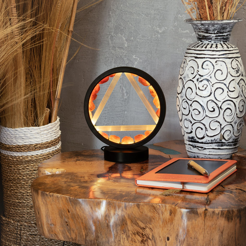 Gemstone Halo Lamp – Fire · Carnelian & Selenite – size view