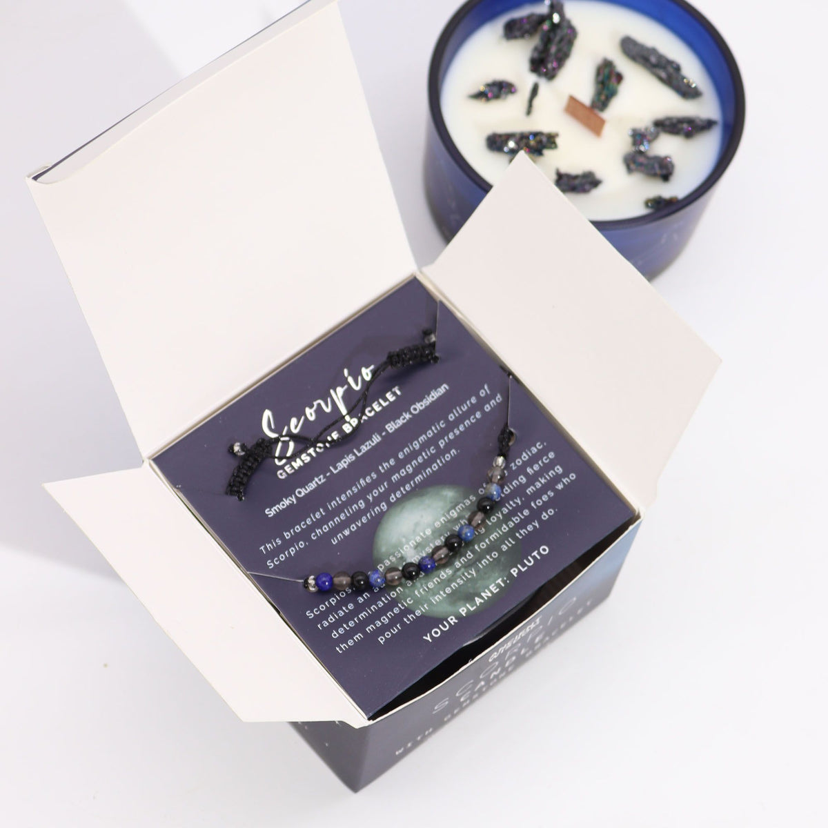 Written in the Stars – Scorpio · Zodiac Candle & Gemstone Bracelet – styled view