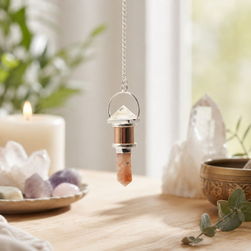 Pendulum – The Moon Chamber · Clear Quartz & Sunstone – close-up