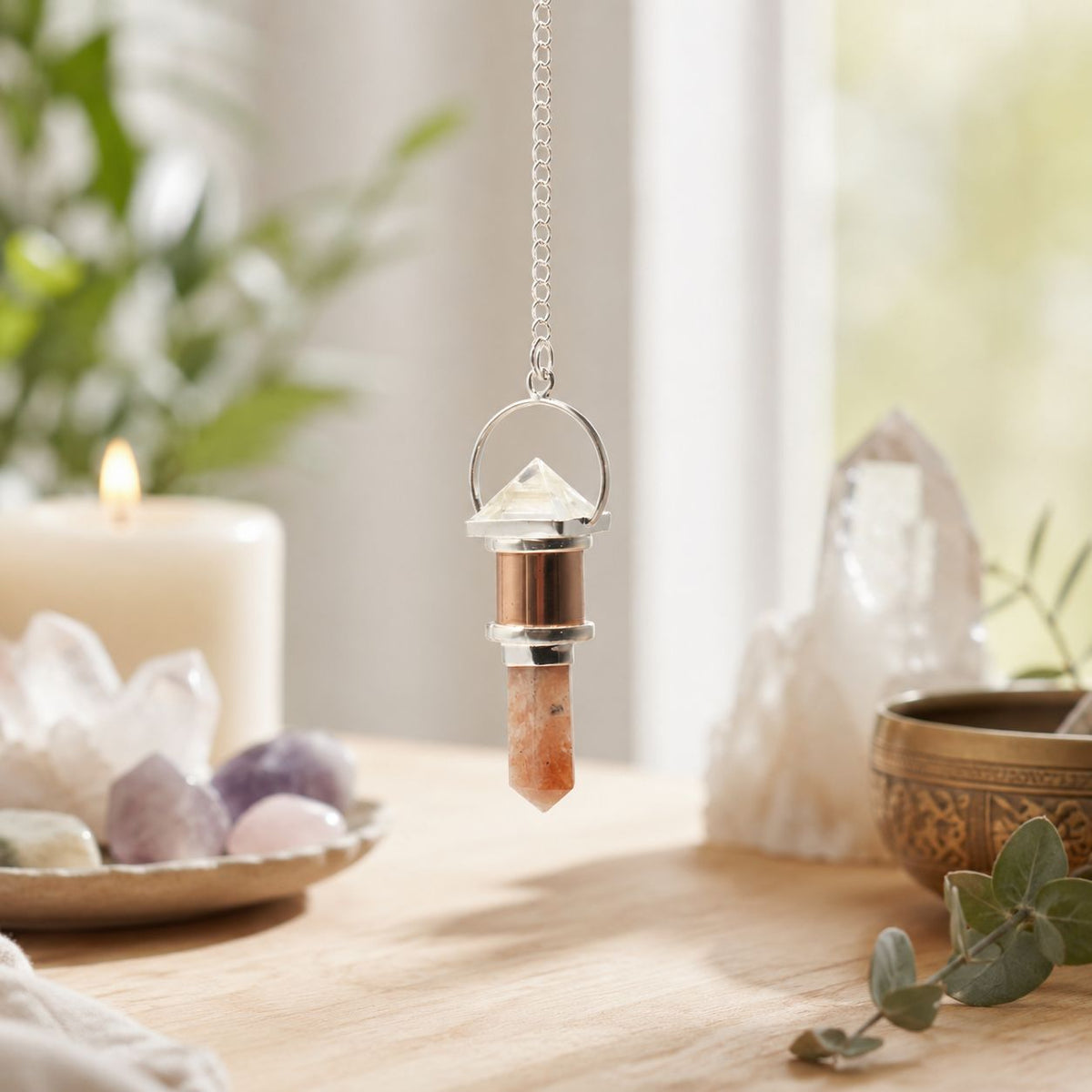 Pendulum – The Moon Chamber · Clear Quartz & Sunstone – close-up