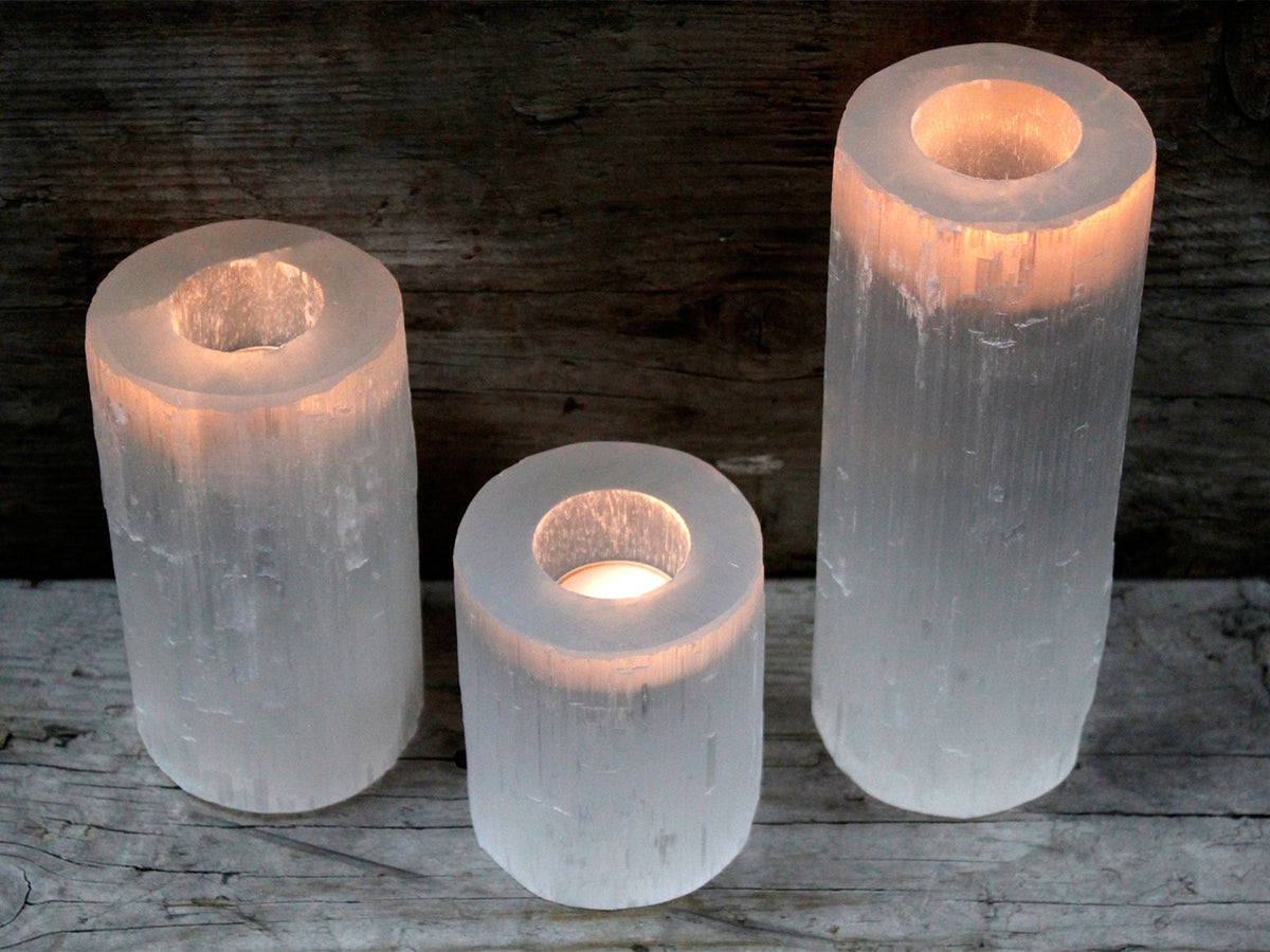 Selenite Candle Holder – Cylinder · 10 cm – styled view