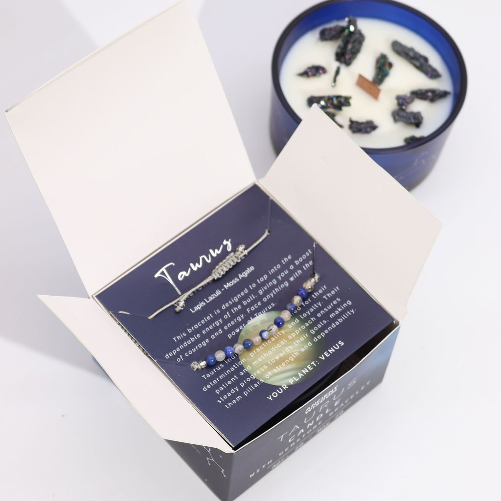 Written in the Stars – Taurus · Zodiac Candle & Gemstone Bracelet – styled view