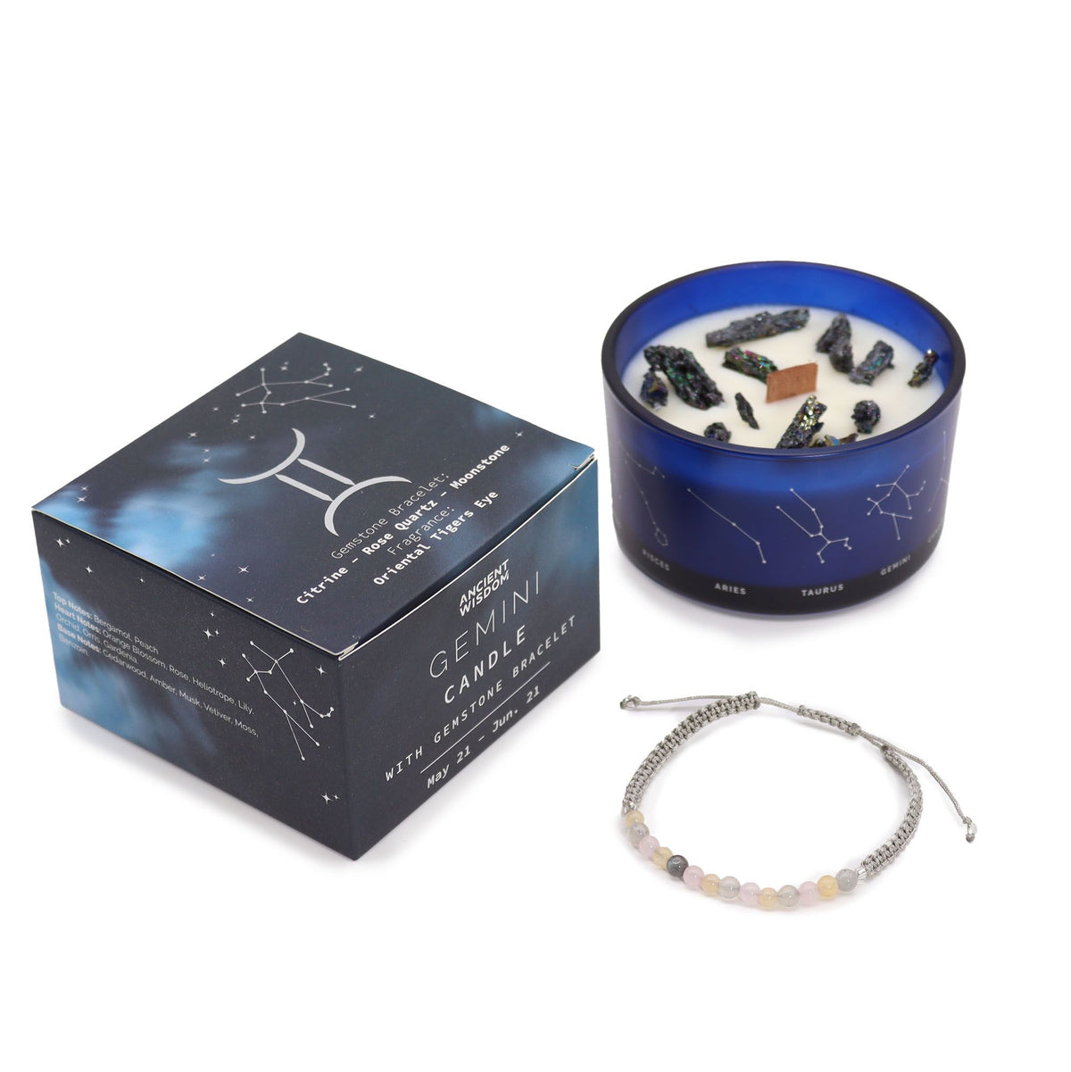 Written in the Stars – Gemini · Zodiac Candle & Gemstone Bracelet – another angle