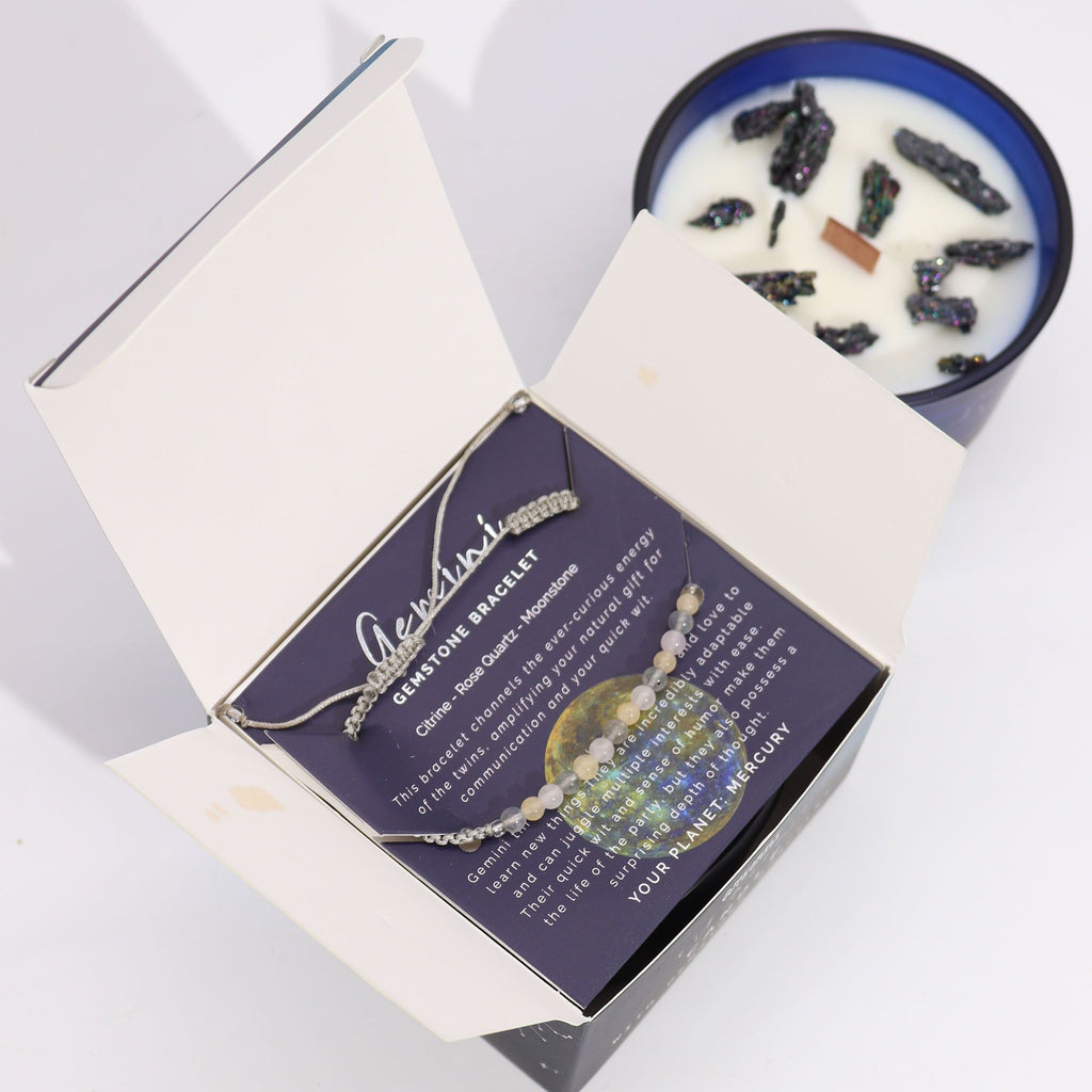 Written in the Stars – Gemini · Zodiac Candle & Gemstone Bracelet – styled view