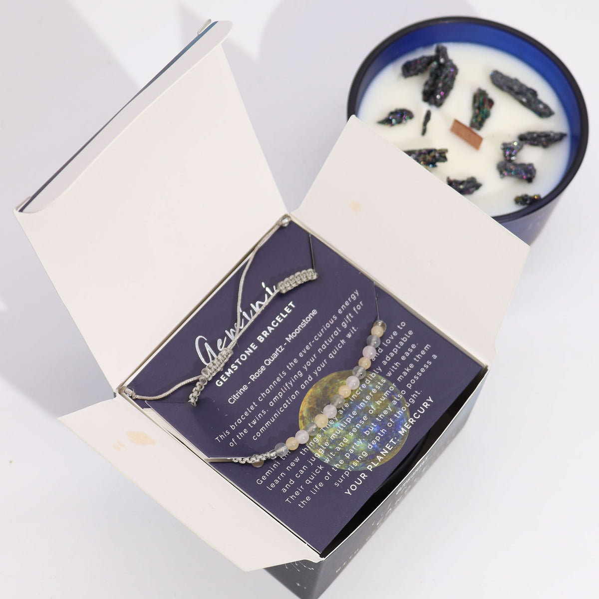 Written in the Stars – Gemini · Zodiac Candle & Gemstone Bracelet – styled view