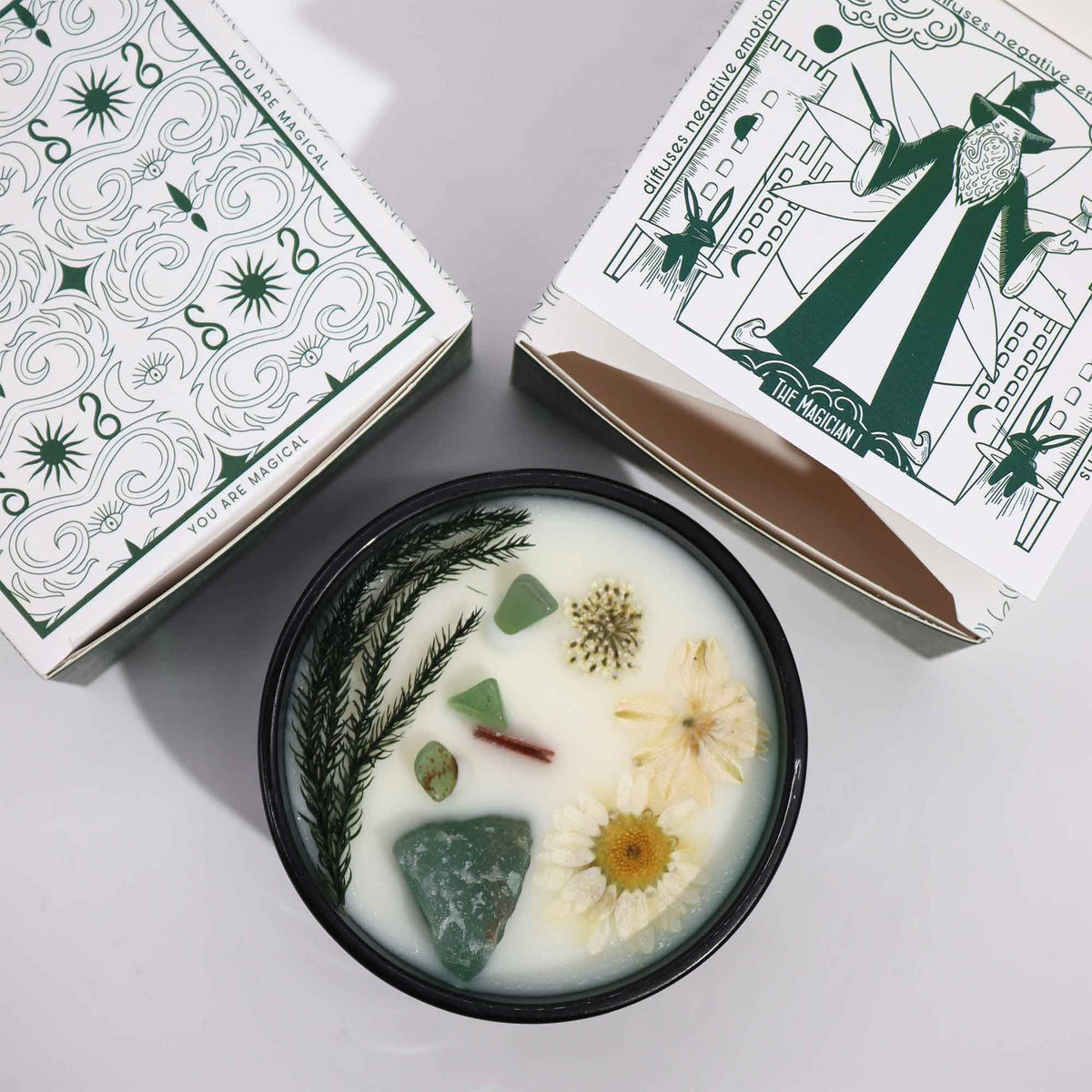 Crystal Flower Candle – The Magician · Fresh Mint – styled view