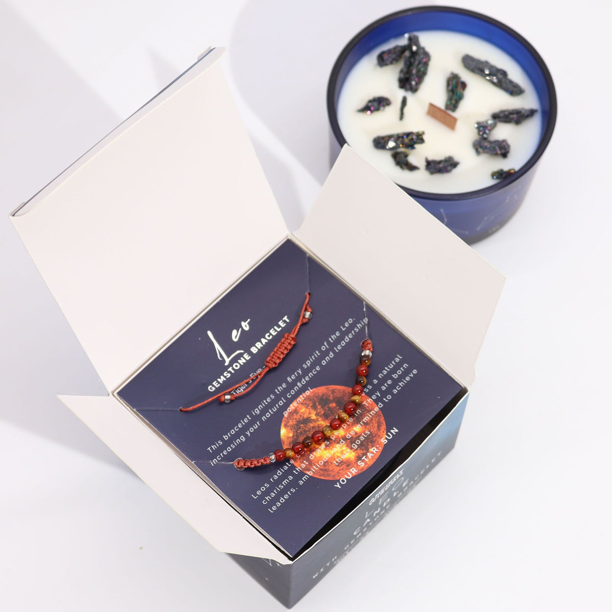 Written in the Stars – Leo · Zodiac Candle & Gemstone Bracelet – styled view