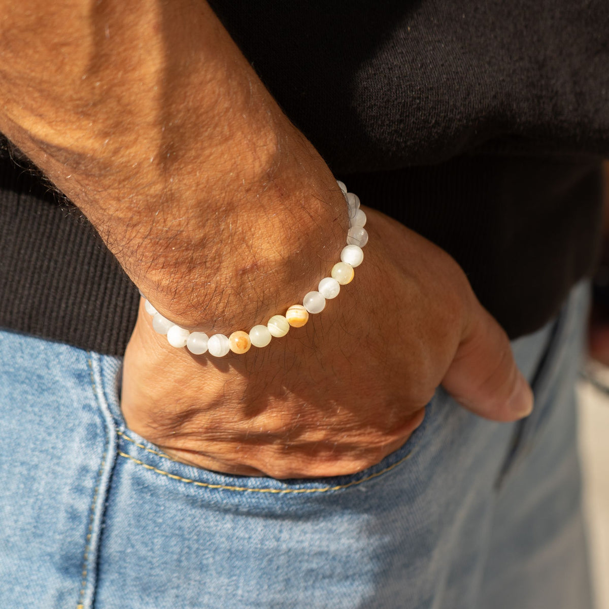 Petite Gemstone Bracelet – Moon Jade – styled view