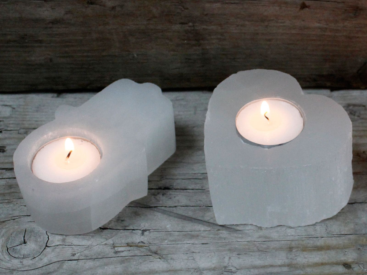 Selenite Candle Holder – Heart – styled view