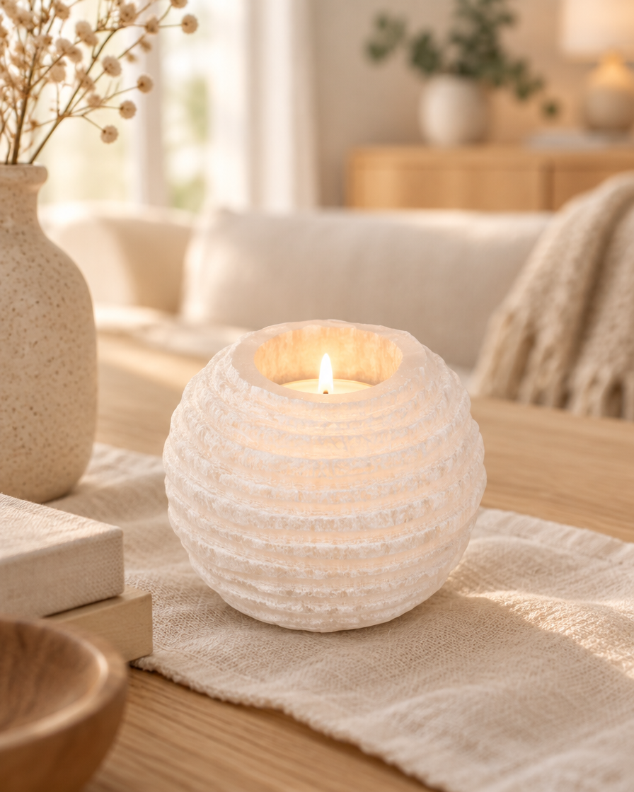 Selenite Candle Holder – Round · 9 × 8 cm by Chapter 9 Copenhagen