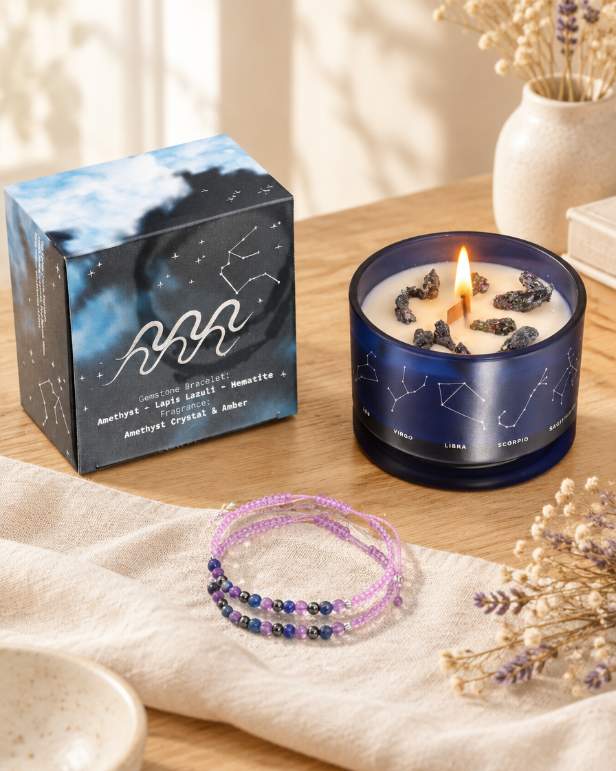 Written in the Stars – Aquarius · Zodiac Candle & Gemstone Bracelet by Chapter 9 Copenhagen