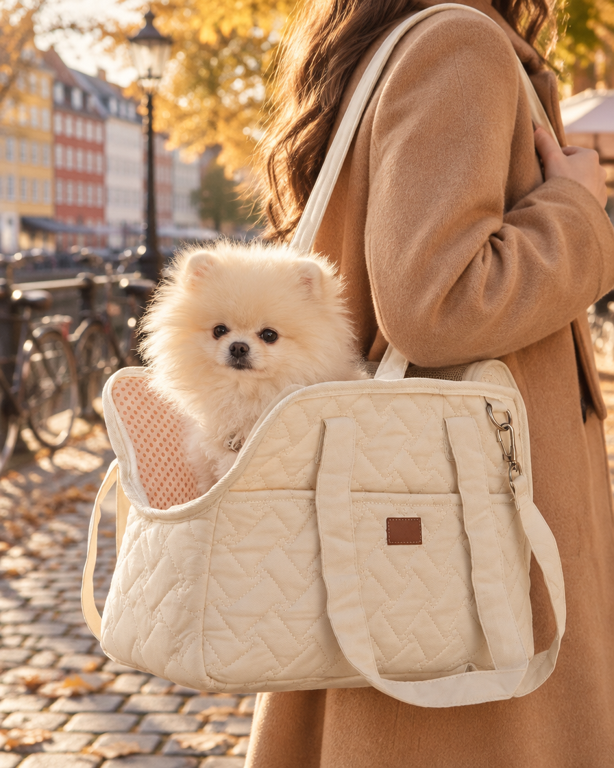 Quilted dog carrier with cream Pomeranian worn on the shoulder in Copenhagen