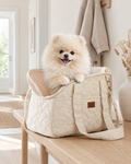 Cream quilted dog carrier bag with cream Pomeranian