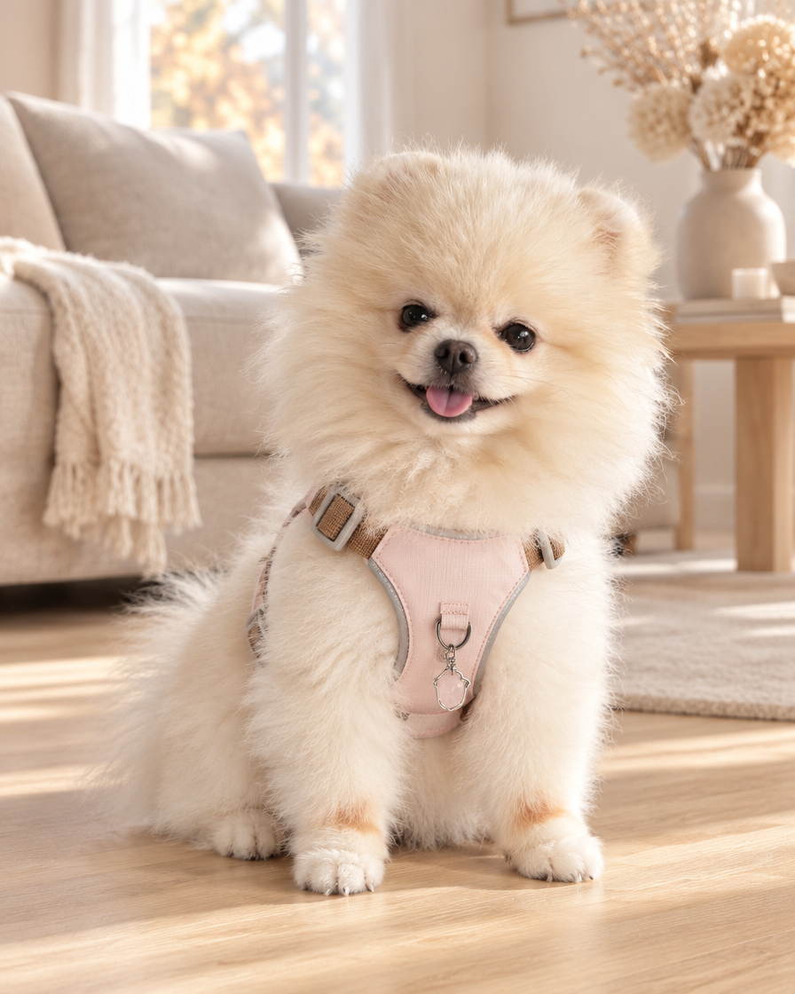 Cream Pomeranian wearing the Gemstone Step-in Harness in soft pink with rose quartz charm