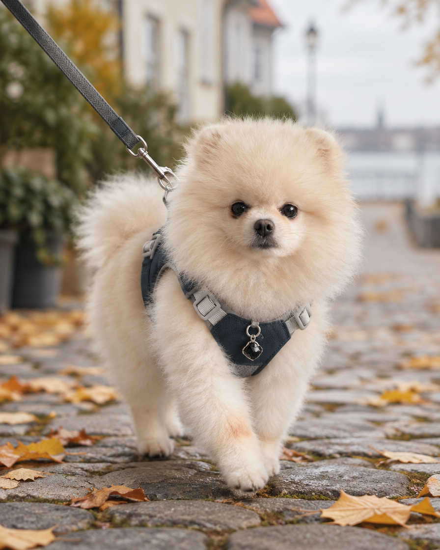 Pomeranian on a walk in the grey Gemstone Step-in Harness with black obsidian charm
