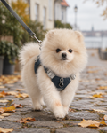 Pomeranian on a walk in the grey Gemstone Step-in Harness with black obsidian charm