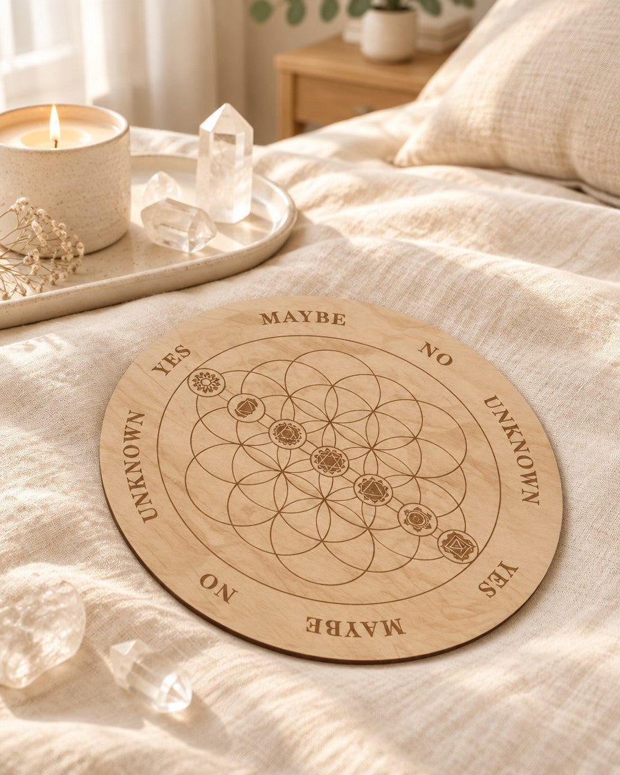 Wooden pendulum board with flower of life on linen with crystals