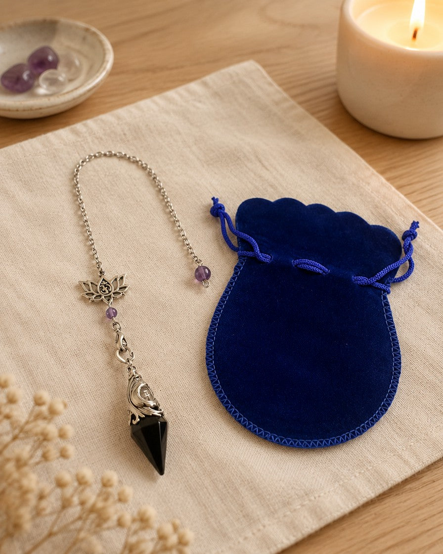 Black stone pendulum with lotus charm and blue velvet pouch on linen